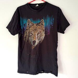 90s vintage wolf nature sunset night scene distressed faded ripped tshirt canada